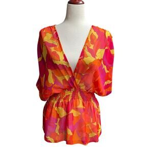 Vintage Y2K 00s Sheer Deep V Neck Boho Flowy Top Womens L‎ Orange Red Yellow